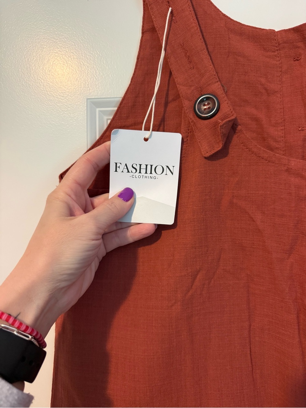 Rust Linen Button Strap Dress - Fashion Clothing